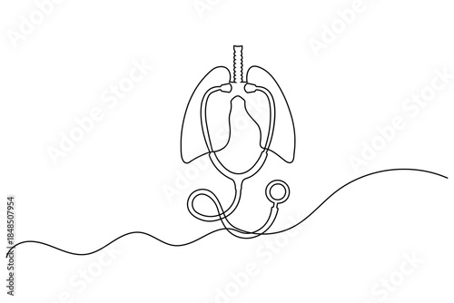 Lungs and stethoscope in minimalist one line drawing for respiratory health and medical illustration