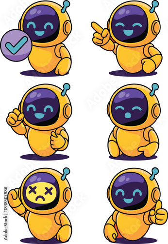 Cute orange robot character set with various poses and emotions for chatbot assistant technology interface design friendly artificial intelligence mascot collection for website customer support