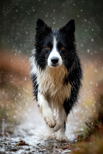 Happy dog ​​is running in the water