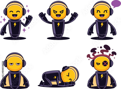 Cute robot mascot character set with different emotions and poses wearing headphones for music podcast and technology branding projects including happy angry tired and broken electronic cyborgs