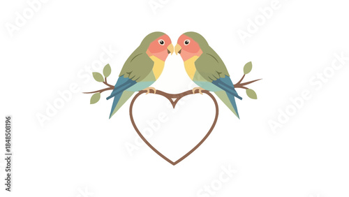Adorable pair of lovebirds perched on a branch forming a heart shape symbolizing affection and