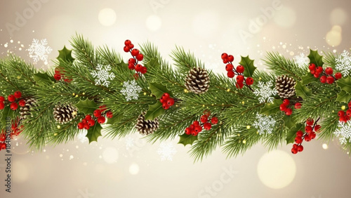 Christmas garland with pine cones holly berries and snowflakes festive decoration for winter holidays isolated on bokeh ba
