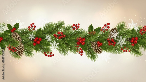 Christmas garland with pine cones holly berries and snowflakes festive decoration for winter holidays and New Year celebra