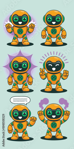 Cute orange robot character set with different expressions and poses for artificial intelligence technology and friendly automation mascot design in modern flat vector style for tech marketing