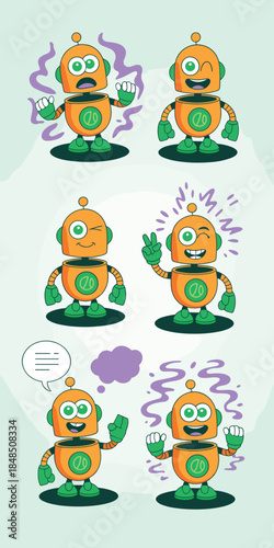 Cute orange robot character set with various facial expressions and emotional states for technology education apps and children learning software mascot design in modern flat vector cartoon style
