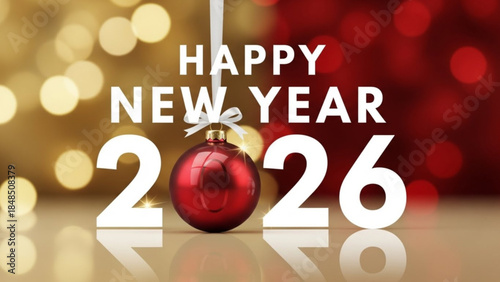 Happy New Year 2026 text with festive bokeh lights and Christmas ornament celebratory greeting card background