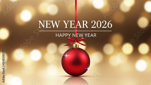 New Year 2026 celebration with red bauble ornament festive bokeh lights background happy new year greeting