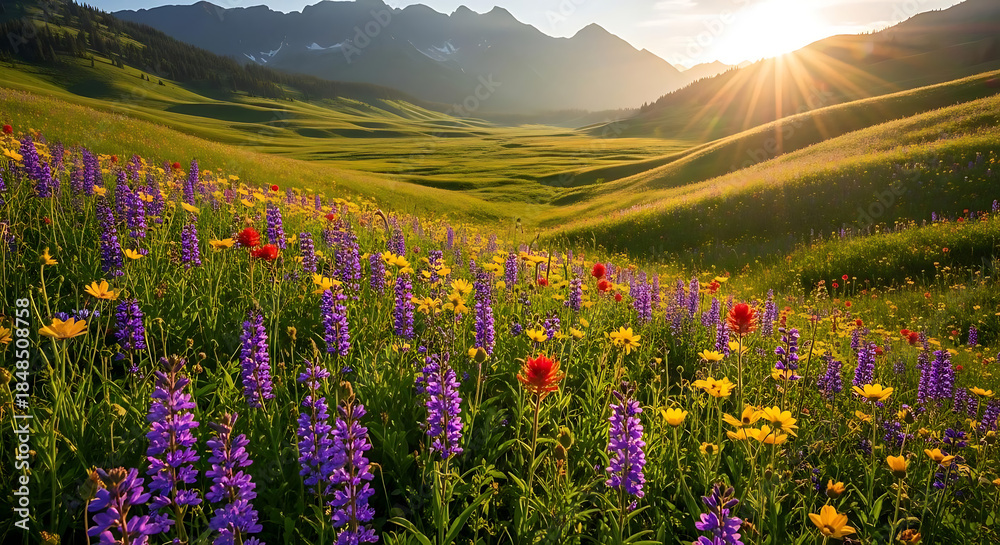 Fototapeta premium Beautiful colorful wildflowers in a lush green meadow at sunset with mountains in the background, natural scenic landscape photography