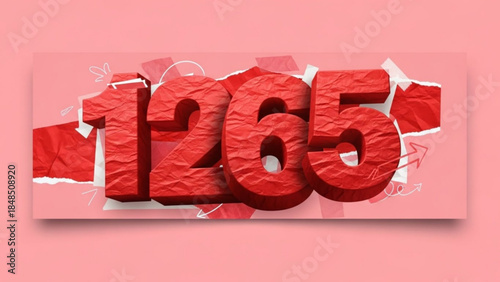 Red 3D number 1265 with torn paper elements representing count or data isolated on pink background