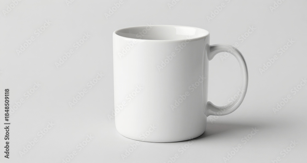 Obraz premium High-quality white coffee mug isolated on light gray backdrop, subtle shadow, advertising space featuring a professional and clean aesthetic, perfect for creative projects, advertising, a...