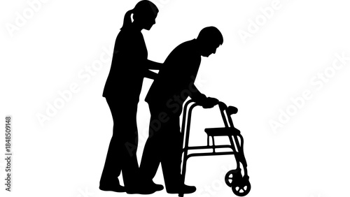 Caregiver assisting senior with walker with transparent background