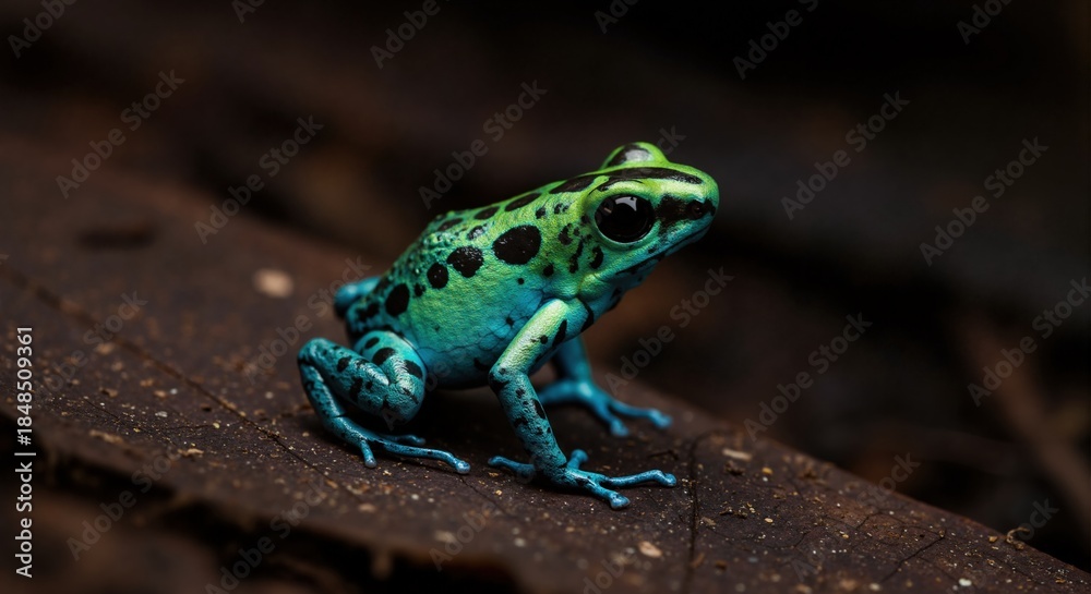 Obraz premium Vibrant green and black poison dart frog sitting on leaf. Macro close-up of exotic tropical amphibian in its natural rainforest habitat
