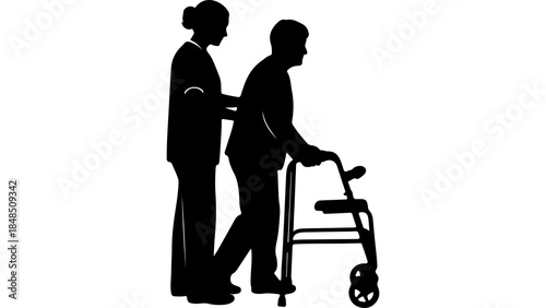 Caregiver assisting senior man with walker with transparent background