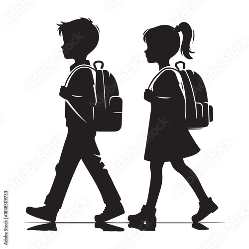 Children walking to school with backpacks on a white background