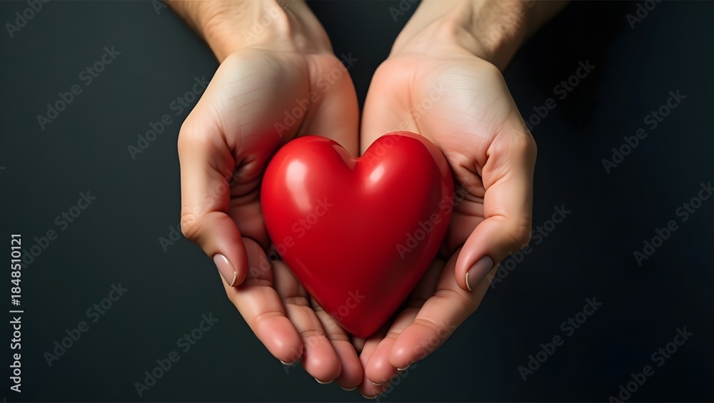 Obraz premium Hands holding red heart concept of love care and charity. Support, healthcare, organ donation, mercy, volunteering help on dark background, kindness and life symbol.