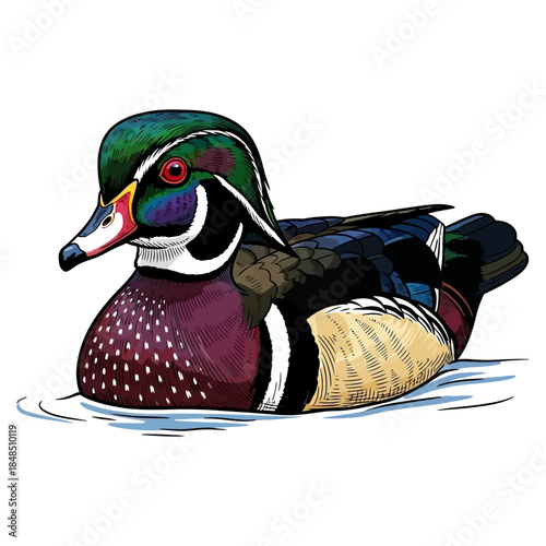 Male wood duckhunting vector illustration swimming on water with colorful feathers and white background