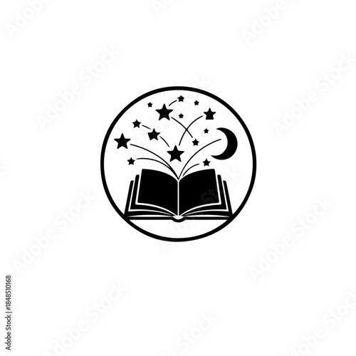 Open book icon with stars and moon, representing scientific exploration, education, and the universal spread of knowledge. black and white vector symbol for global peace through learning