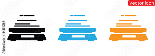 Colorful scales icons in black, orange, and blue, Kitchen scale icon. Flat silhouette version, Justice scales icons set. Scales icon set. Law scales icon. Libra icon.