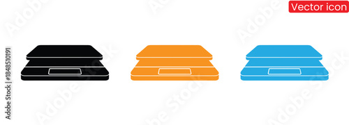 Colorful scales icons in black, orange, and blue, Kitchen scale icon. Flat silhouette version, Justice scales icons set. Scales icon set. Law scales icon. Libra icon.