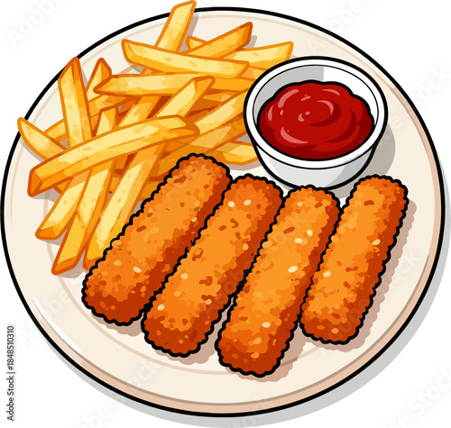 Mozzarella Cheese Sticks with French Fries – Tasty Fast Food Plate and Ketchup Dipping Sauce Cartoon Vector Illustration