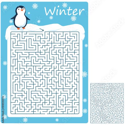 Winter Penguin Maze Puzzle for Kids, Vector Educational Worksheet with Solution