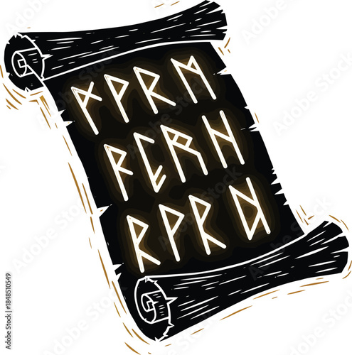 Linocut Ancient Scroll Illustration Glowing Runes Bold Carved Lines Fantasy Vector White Background