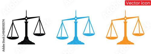 Set of colorful balance scales icons in black, blue, and orange hues, Collection of silhouettes scales justice different shape ,Justice scales icons set. Scales icon set. Law scales icon. Libra icon.