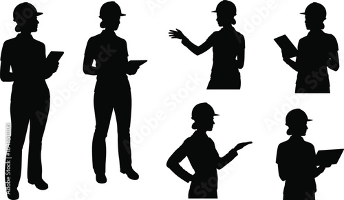 Construction worker silhouettes with hard hats holding clipboards and tablets in various poses for industrial site vector illustration content