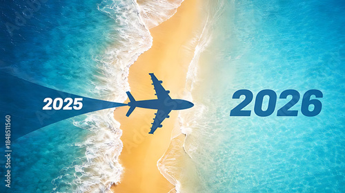 Airplane flying from year 2025 towards 2026 over a tropical beach and turquoise ocean water representing travel trends and future tourism growth