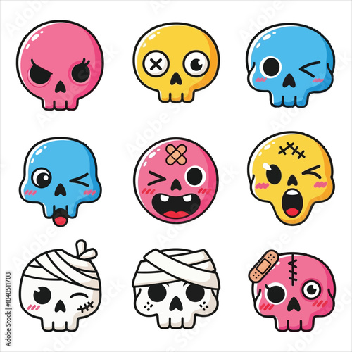 Colorful cartoon skulls with various expressions and injuries