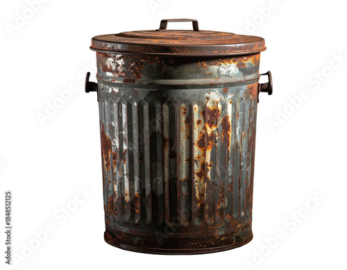Rusty, aged metal waste bin, with lid, and handle on a black background