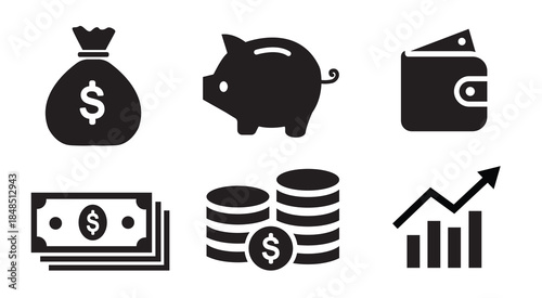 Finance and Money Icons Vector Set – Savings, Wallet, Cash, Coins, Piggy Bank and Financial Growth Chart Illustration