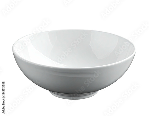 A white, empty, ceramic bowl with a subtle rim and a wide base