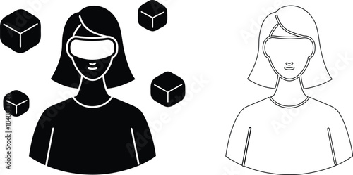 Female User Avatar with Abstract Cubes – Profile Illustration (Filled & Outline)