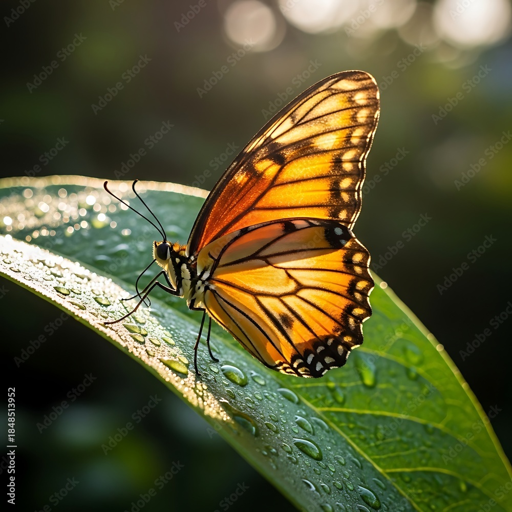 Fototapeta premium A vibrant butterfly, with orange and black wings, rests on a glistening green leaf. Sunlight highlights the delicate details