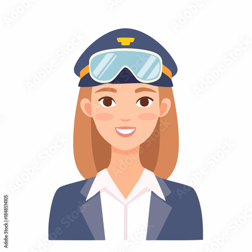 Smiling Female Pilot Wearing Uniform and Goggles.