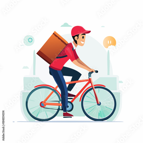 Smiling Man Riding a Red Bicycle with Wooden Planks on His Back.