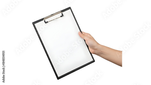 Hand holding black clipboard with white paper