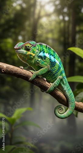 A vibrant chameleon perched on a tree branch within a lush, green forest setting, illuminated by sunlight