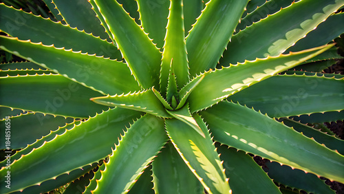 A top-down view of a lush green aloe vera plant