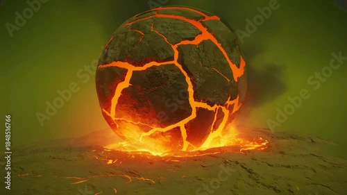 Fiery cracked sphere of magma erupts from the ground with intense orange glow against a moody green backdrop