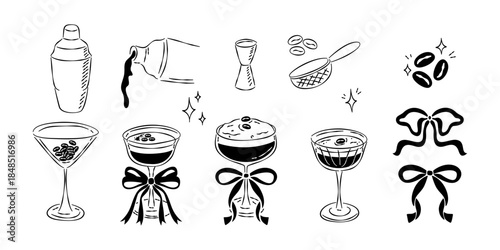 A set of hand-drawn black and white illustrations featuring the Espresso Martini cocktail, including shakers, jiggers, coffee beans, and finished drinks.