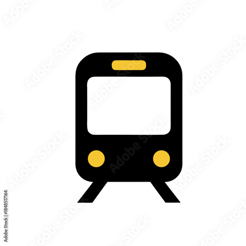 A minimalist icon representing the front view of a modern train, designed in black and yellow for a striking visual appeal