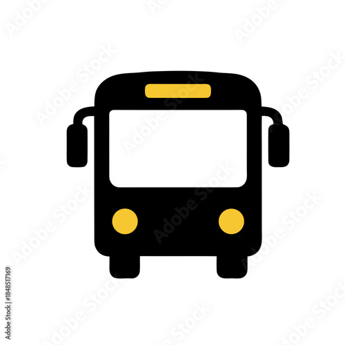 Black and yellow front view of a bus icon on a white background
