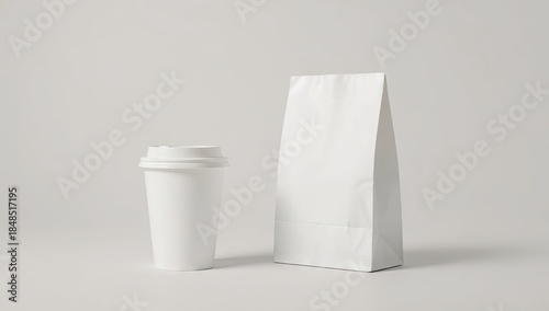 White disposable coffee cup with a lid and a white paper bag placed side by side against a plain grey background, symbolizing takeaway service or a minimalist aesthetic in a  setting.
