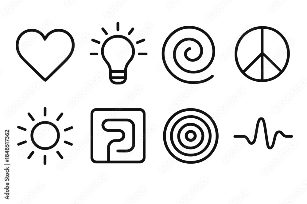 Fototapeta premium Emotional Wellness Icons. Emotional richness themes linear set: fulfilled heart, grounded light, appreciation swirl, peace arc, inner warmth node, purpose path tile, bright ripple,