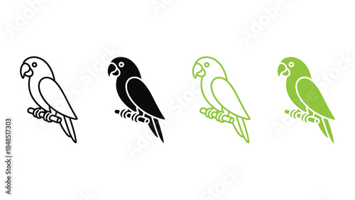 Four colorful parrot illustrations in different styles and colors