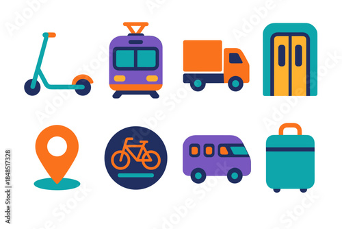 Modern Transportation Icons. Mobility Elements flat set: scooter arc, tram tile, cargo truck shape, metro door panel, route marker, bike lane icon, shuttle silhouette, travel bead.