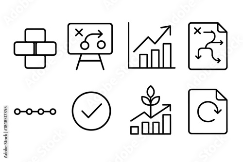 Finance Strategy Icons. Business Adaptive Finance Set linear set: resource blocks, strategy board, forecast arrow, contingency plan, timeline dots, approval check, growth chart,