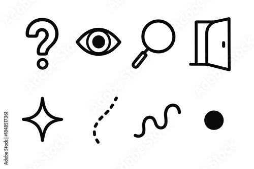 Curiosity Icons Overview. Curious Mind linear set: question curl, exploring eye, dotted trail, lifted magnifier, open door arc, discovery spark, wandering line, focus dot.